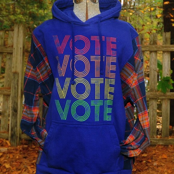 VOTE VOTE Election Reconstructed Hoodie Sweatshirt Navy Blue 2XL Plaid Sleeves - Picture 8 of 8